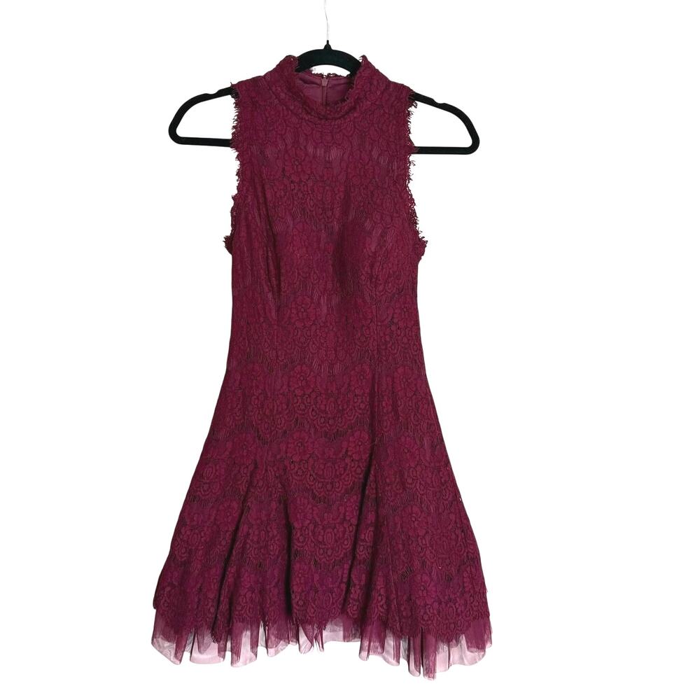 Aqua Wine Lace Dress High Neck Tulle Skirt Fit and Flare Romantic 2‎